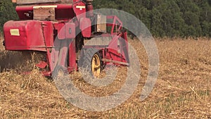 Agricultural combine harvester cut ripe wheat grain field