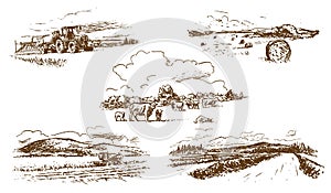 Agricultural countryside landscape, set of hand-drawn illustrations photo