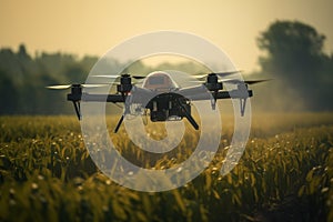 Agricultural drone flies over the field to fertilize plants with useful elements, crop control with modern technology photo