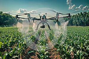 Agricultural drone spraying pesticides over corn field