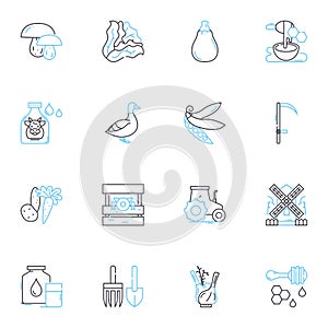 Agricultural engineering linear icons set. Irrigation, Soil, Harvesting, Crop, Tractor, Dairy, Farming line vector and