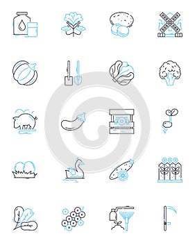 Agricultural engineering linear icons set. Irrigation, Soil, Harvesting, Crop, Tractor, Dairy, Farming line vector and