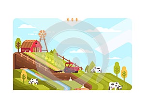 Agricultural farm with fields and livestock