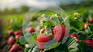agricultural farming, a farmer diligently looking after rows of strawberry plants in a scenic strawberry field, ensuring photo