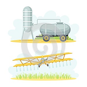 Agricultural Farming Machinery with Water Tank and Airplane Spraying Field Vector Set