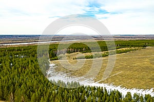 Agricultural field appears from under the snow near the forest