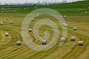 Agricultural field with bales o hay.