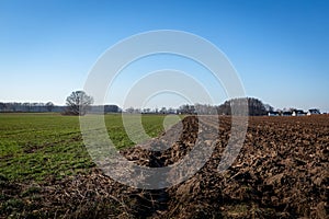 Agricultural field with bare soil in wintertime in Poland.