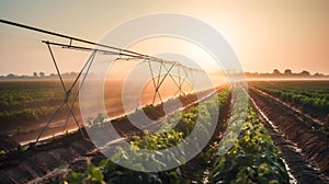 Agricultural field being irrigated by a modern irrigation system at sunset. Generative ai