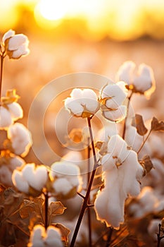 agricultural field with cotton flowers at sunset, plantation of natural cultivated wool, textile industry