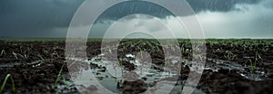 Agricultural field. Dark clouds rain and puddles. Wheat sprouts. Banner slider horizontal template.