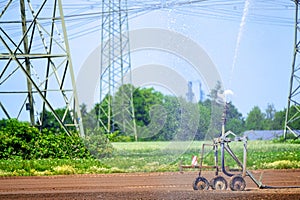 Agricultural field irrigation, Irrigation system for irrigating crops Waters the freshly sown field. Irrigation equipment