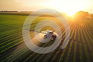 Agricultural field, the tractor cultivates crops, the view from above.