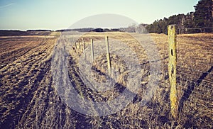 Agricultural field with wire fence, color toning applied