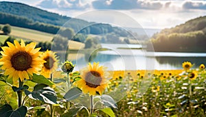 Agricultural field with yellow sunflowers against the picturesque landscape with river and hills