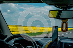 agricultural fields in springtime from the car. Yellow fields of oilseed rape and road, turism, adventure photo