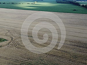 Agricultural fields, top view. Farmed fields, bird`s-eye view of the landscape