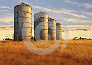 Agricultural grain silos in the field.