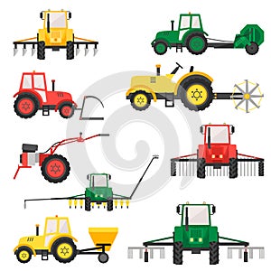 Agricultural harvesting vehicles set with tractor harvesting trailer.