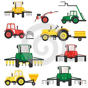 Agricultural harvesting vehicles set with tractor harvesting trailer.