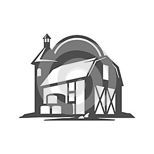 Agricultural house ranch barn farm animals livestock cattle monochrome vintage isometric icon vector