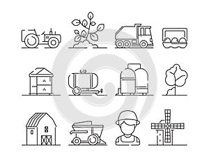 Agricultural icon. Industrial farming machine village nature field farm landscape and buildings vector symbols
