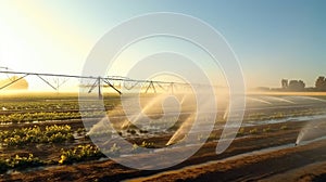 Agricultural irrigation system, Automated agriculture system with Large irrigation sprinklers spraying water over in potato field
