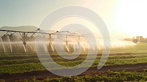 Agricultural irrigation system, Automated agriculture system with Large irrigation sprinklers spraying water over in potato field