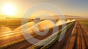 Agricultural irrigation system, Automated agriculture system with Large irrigation sprinklers spraying water over in potato field