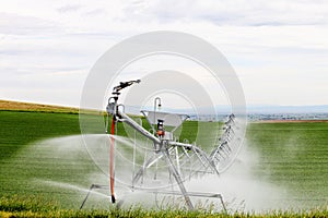 An agricultural irrigation system in an Idaho wheat field.