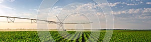 Agricultural irrigation system watering corn field sunny summer