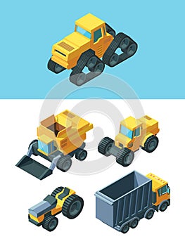 Agricultural isometric machines set. Modern vehicles rural industry caterpillar tractor grain truck wheeled farm tractor