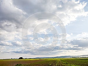 Agricultural land and clouds in the sky - Landscape in Maramures, Romania