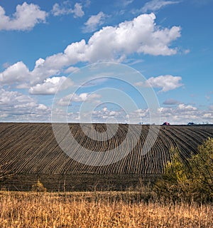 agricultural land prepared for sowing, arable soil. The ground after plowed and harrowed. Farmland landscape in the photo