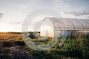 An agricultural landscape with a greenhouse used for growing vegetables and greens in the wintertime and a blue tractor. A green
