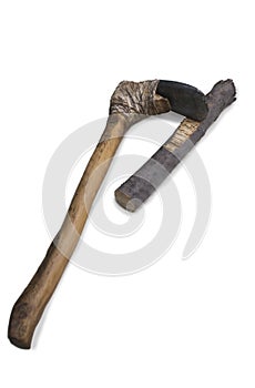 Agricultural lithic tool with wooden handle photo