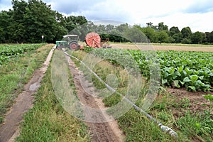 Agricultural machine in a field for irrigation of plantations