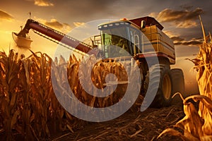 Agricultural Machinery In Action During Sunset Harvest In The Cornfield. Generative AI