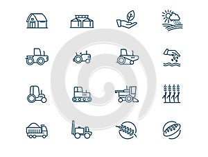 Agricultural machinery and agribusiness vector linear icons set