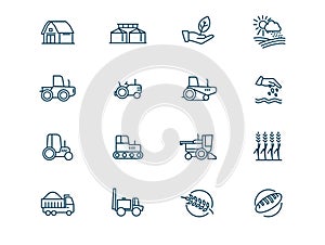 Agricultural machinery and agribusiness vector linear icons set photo