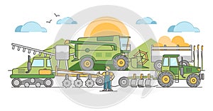 Agricultural machinery for agronomy farming field harvest outline concept photo