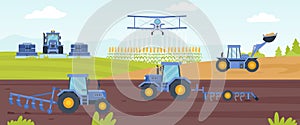 Agricultural machinery banner with farm field landscape and tractor. Combines cultivating soil for crop. Agriculture industry