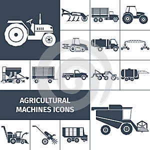 Agricultural Machinery Black White Icons Set