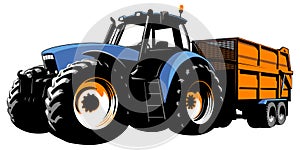 Blue tractor with dump truck. Agricultural machine. Tractor on a white background. Stock vector illustration