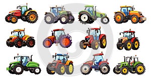 Agricultural machinery cartoon set. Isolated tractors for work in fields. Farm transport, tractor for agriculture works