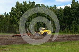 Agricultural machinery, harvester mowing in field against forest and blue sky