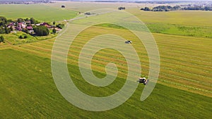 Agricultural machinery is harvesting in the field, aerial view. Harvesting,