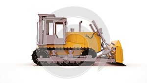 Agricultural machinery, large yellow tarktor with bucket and tracks. Modern agricultural technology, 3d illustration.