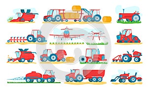 Agricultural machinery set of isolated on white vector illustrations. Agriculture vehicles and farm machines. Tractors