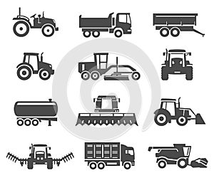 Agricultural machinery, vehicles black silhouette icons set isolated on white. photo